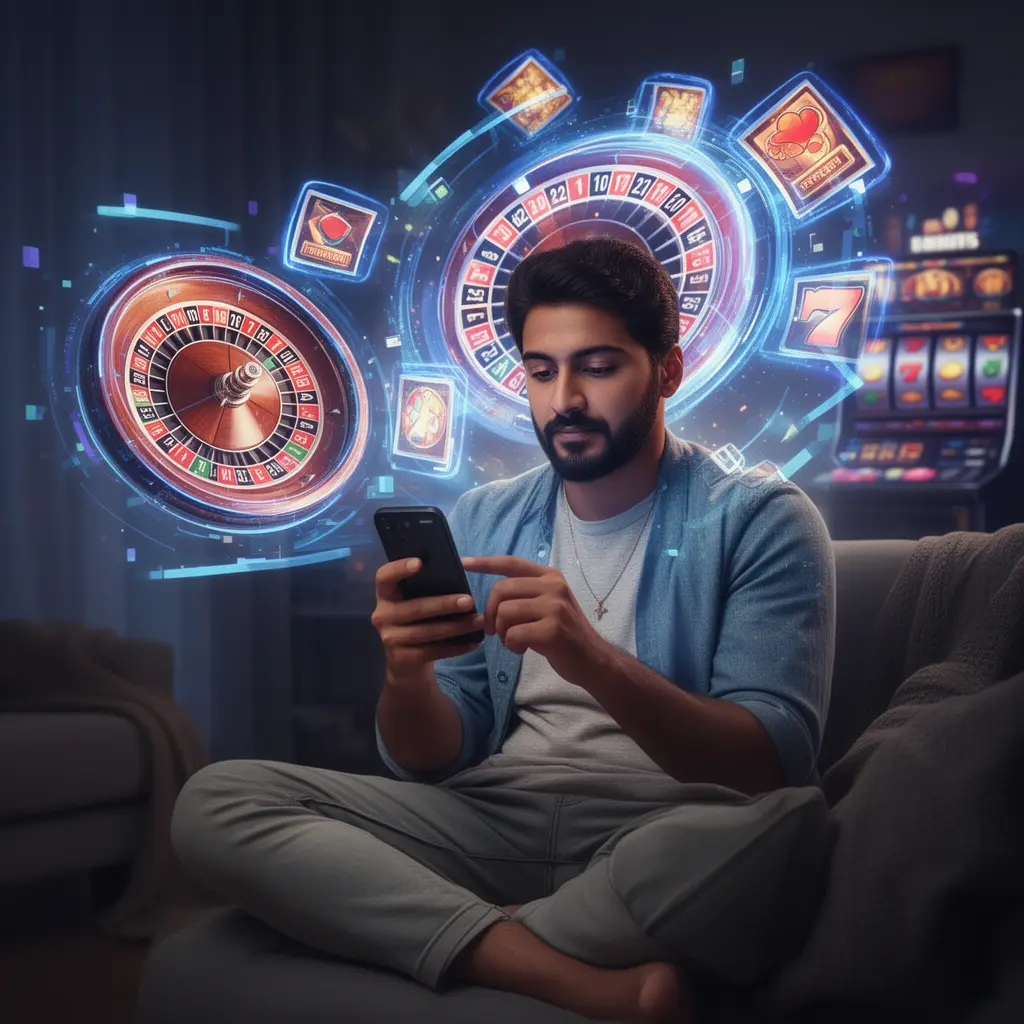 85BD App – Experience fast and immersive casino gaming on your mobile device Modern Bangladeshi player using the 85BD casino app with a glowing roulette wheel and digital casino symbols creating a futuristic gaming atmosphere