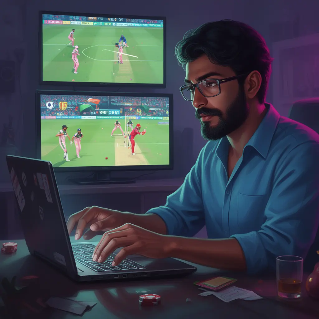 85BD Bet – Place smart and fast sports bets online in Bangladesh Focused Bangladeshi sports bettor placing online cricket bets on a laptop while watching a live match on TV using the 85BD platform